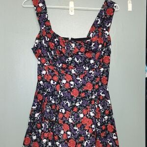 Skull & Roses Floral Dress Hot Topic large Fit Flare Lace rockabilly goth